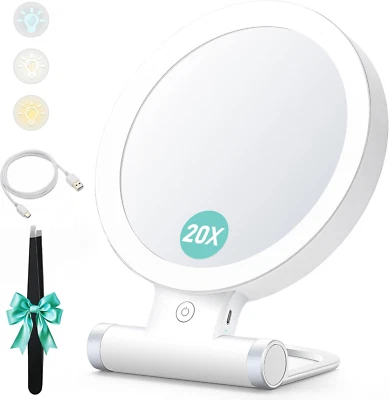 B BEAUTY PLANET Magnifying Mirror with Light,20X/1X Double Sided Tabletop Portable Lighted Makeu