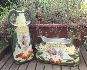 Antique Art Nouveau French Majolica Pair Cache Pot Jardiniere Vase 2 Rose Flower - Picture 1 of 18