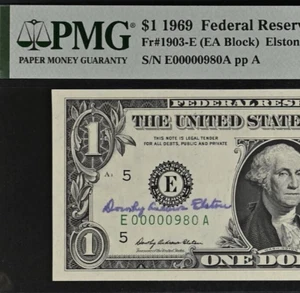 1969 $1 FRN PMG 64EPQ - Treasurer Eleston Autograph Birthday Low Serial 00000980 - Picture 1 of 3