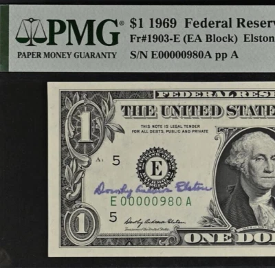 1969 $1 FRN PMG 64EPQ - Treasurer Eleston Autograph Birthday Low Serial 00000980 - Image 1 of 3