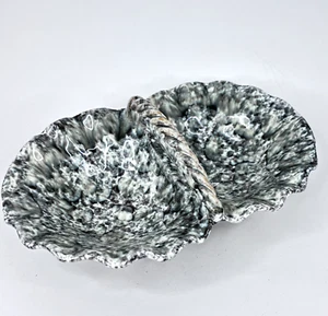 Italian Drip Glaze 2 Section Bowl Candy Dish Art Pottery Handle Black Gray Italy - Picture 1 of 11