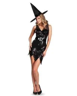 2pc Disguise Sexy Black SEQUIN Witch Dress & Hat Halloween Costume Women S 4-6 - Image 1 of 2