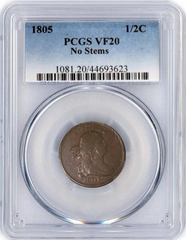 1805 1/2C Draped Bust Half Cent Cohen 1 C-1 No Stems PCGS VF20 Very Fine Coin Cover