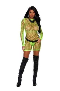 Sexy Green Diamond Fishnet Mesh Long-sleeve Mini Dress - Picture 1 of 2