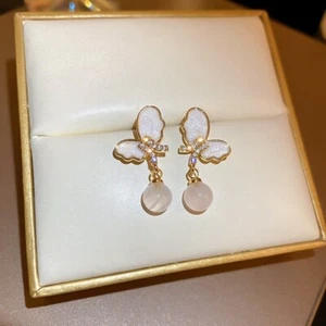 Dainty Butterful Jade Funky Silver Bridesmaid Dangle Earrings Handmade Jewelry - Picture 1 of 6