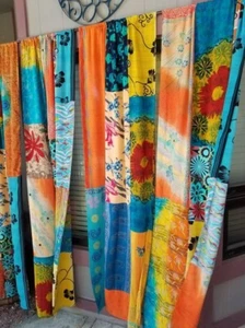 2 Pcs Indian Sari Patchwork Curtain Drape Window Decor Multi Silk Sari Curtain - Picture 1 of 6
