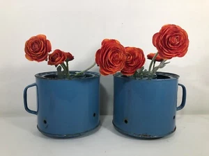 Pair Of 2 Vtg Blue Enamel Planters REPURPOSED 6” X 5” Flowers not Included. - Picture 1 of 10
