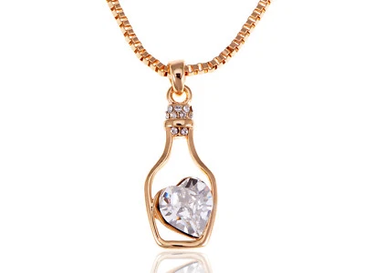 Collar Nuevo Botella Corazón Elementos Cristal Zafiro Claro Tono Dorado Foto 1 de 4