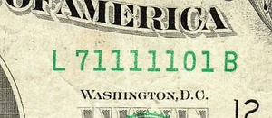 1985 $5 Federal Reserve Note Fancy S/N L71111101B Trinary 1s' - Picture 1 of 4
