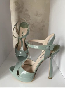 Miu Miu Women’s Shoes Tiffany’s Blue Patent  Leather Sandals Heels EU 37.5 - Picture 1 of 12