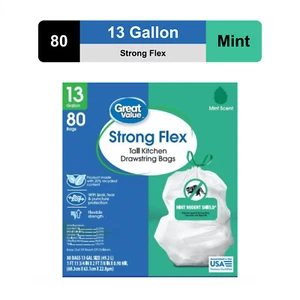 13-Gallon Drawstring Strong Flex Tall Kitchen Trash Bags, Mint Scent, 80 Bags - Picture 1 of 5