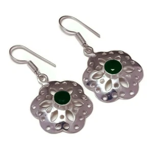 Green Onyx Round Gemstone Silver Overlay Handmade Flower Drop Dangle Earrings - Picture 1 of 3