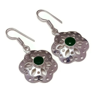 Green Onyx Round Gemstone Silver Overlay Handmade Flower Drop Dangle Earrings - Image 1 of 3