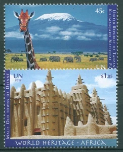 ONU Nueva York 2012 UNESCO Patrimonio de la Humanidad África Jirafa Elefantes 1313/14 MNH. - Imagen 1 de 1