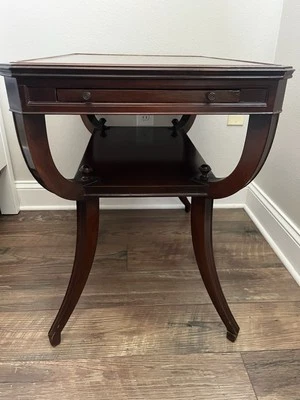 Vintage Mid Century Mahogany Side Table Leather Top Inlay Pull Out Tray Original - Image 1 of 4