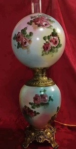 Antique Electrified Parlor Lamp GWTW Pink & Blue Roses - Picture 1 of 10