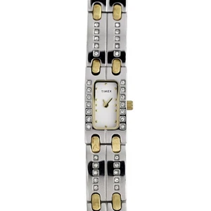 Timex Damen-Armbanduhr zweifarbig Kristall rechteckig weißes Zifferblatt Schmuck - Bild 1 von 10