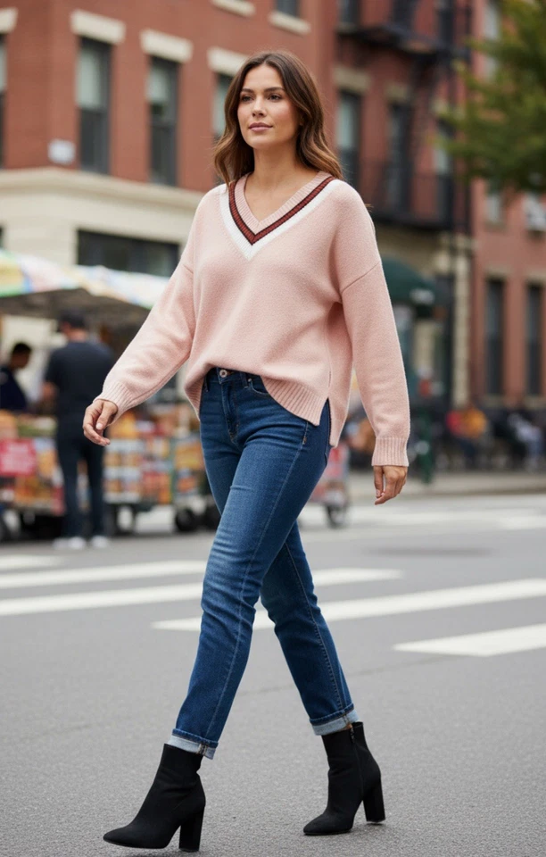 Sandro Paris 女式羊毛 V 领长袖套衫毛衣粉色尺寸 — 第 1/4 张图片