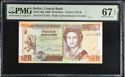 Belice 20 dólares 2020 P 69 g QEII excelente gema UNC PMG 67 EPQ Foto 1 de 3