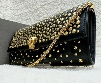 ALEXANDER McQUEEN Chain Wallet MCQUEEN Skull Studded Swarovski  Gold With Box - Image 1 of 4