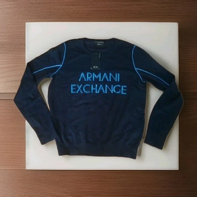 Armani Exchange AX Mens Pullover Light Sweater Logo NWT Navy Blue Medium   - Image 1 of 4