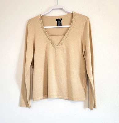 Suéter East 5th Metálico Dorado con Perlas Fiesta de Vacaciones Tejido Top Talla L Foto 1 de 4