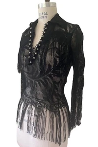 Vtg 70s 80s Shirt Blouse Sheer Stretch Lace Fringed Goth Steampunk Glam Disco - Picture 1 of 12