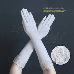 Stretch Dull Matte Satin Gloves w/ Embroidered Flowers, Pearls & Beads Cuff - Picture 1 of 2