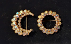 SET OF 2 Vintage AB Rhinestones, Sun and Moon Design - Brooch Pin Gold Tone 1.5 - Picture 1 of 10