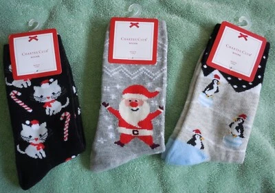 3 Charter Club Socks Penguins Cats Santa Winter Theme Womens 9-11 Size Foto 1 de 2