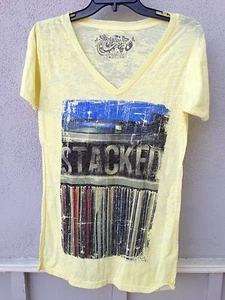 $38 NEW Five Crown Yellow Record Stacked Music Graphic V Neck T Shirt - Picture 1 of 2