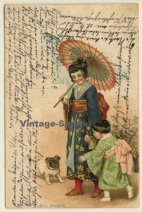 Geisha With Daughter & Pug / Kimono - Mops - Dog (Vintage PC 1901) - Imagen 1 de 1