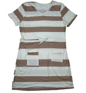 Tan White Striped Dress Size XL Short Sleeve Tie Waist Pockets - Picture 1 of 6
