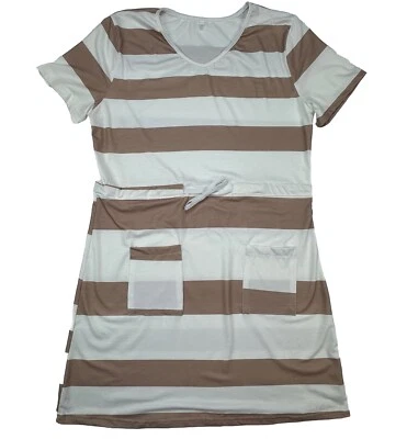 Tan White Striped Dress Size XL Short Sleeve Tie Waist Pockets - Image 1 of 4