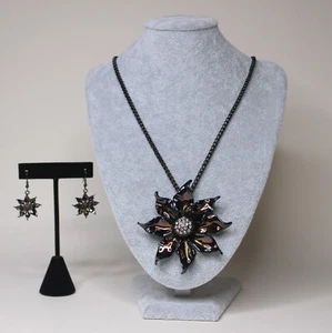 Glossy Brown Bronze Tone Flower Rhinestone Statement Necklace With Earrings Set - Bild 1 von 12