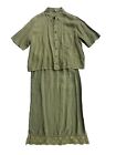 CP Shades Green Linen Set Top Shirt Crochet Hem Skirt Womens Size M