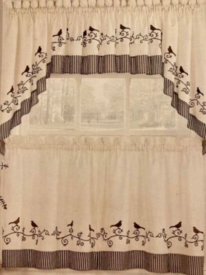 CONJUNTO COMPLETO VENTANA COCINA PÁJAROS EN UNA RAMA BORDADO NUEVO Foto 1 de 2