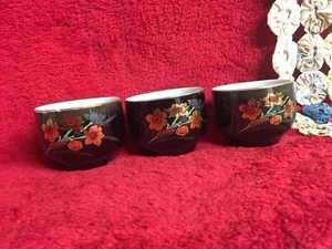 Vtg 3 Saki Glasses with Gold Leaf Flowers On Black Glaze - Picture 1 of 5