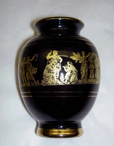 Elegant Black 24K Gold Accented Decorated Greek People Life Vase Handmade 3.5" - Picture 1 of 4