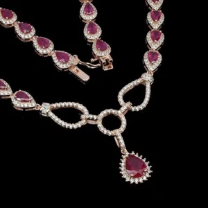 15 Ct Pear Cut Simulated Red Ruby Women's Tennis Necklace 14K Rose Gold Plated - Picture 1 of 3