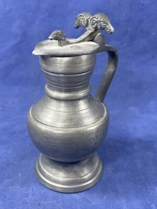 Antique Pewter Creamer w/ Rams Heads ~ Lid Stamped & Lifts Properly, No Damage - Picture 1 of 16