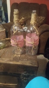 2 Clear Glass Wine Bottle with Burlap and Lace . Home Decor - Picture 1 of 3