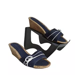 Montego Bay Club Women Denim Cork Wedge Sandals White Buckle 8.5 W - Picture 1 of 10