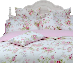 Rose Floral Duvet Cover Set Pink Grid Cotton Girls Bedding with Hidden Zipper Cl - Picture 1 of 8