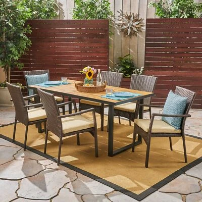Perlestl Outdoor 6-Seater Rectangular Acacia Wood and Wicker Dining Set, Teak wi - Image 1 of 4