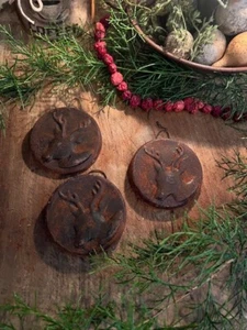 Primitive Reindeer Christmas Ornaments Blackened Wax Early Homestead Bowl Filler - Picture 1 of 11