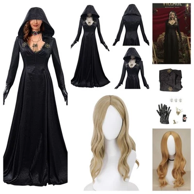 Resident Evil Village Bela Dimitrescu Vampire Black Long dress+Moth Lady Wig set