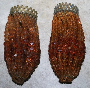 ANTIGUAS 2 CUBIERTAS DE BOMBILLA DE CRISTAL CHECO ÁMBAR CON CUENTAS CORTINAS - Imagen 1 de 10