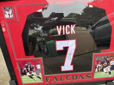 MICHAEL VICK SIGNED/AUTOGRAPHED 35x43 Custom Framed FALCONS Jersey JSA - Image 1 of 3