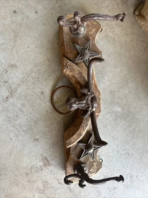 Antique Primitive Oxen Yoke Wood Wrought Iron Country Decor Western Coat Hanger - Image 1 of 4